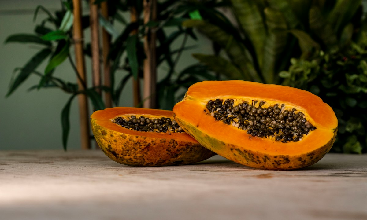 Semillas de papaya molidas en un mortero tradicional